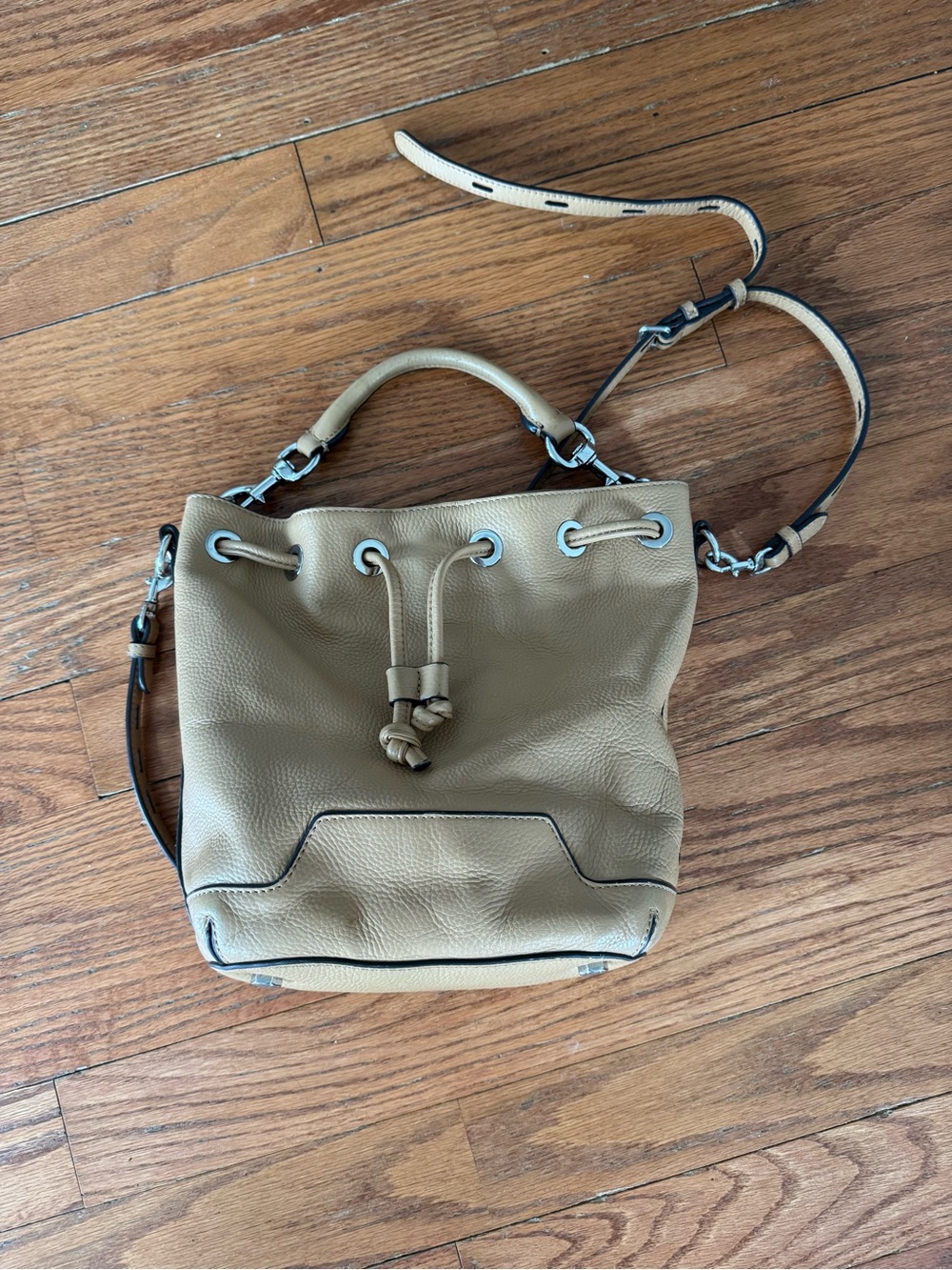 Rebecca Minkoff Fiona Leather Drawstring Bucket Bag in Tan